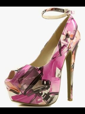 Pink Abstract Peep-Toe Platform Heels with Ankle Strap